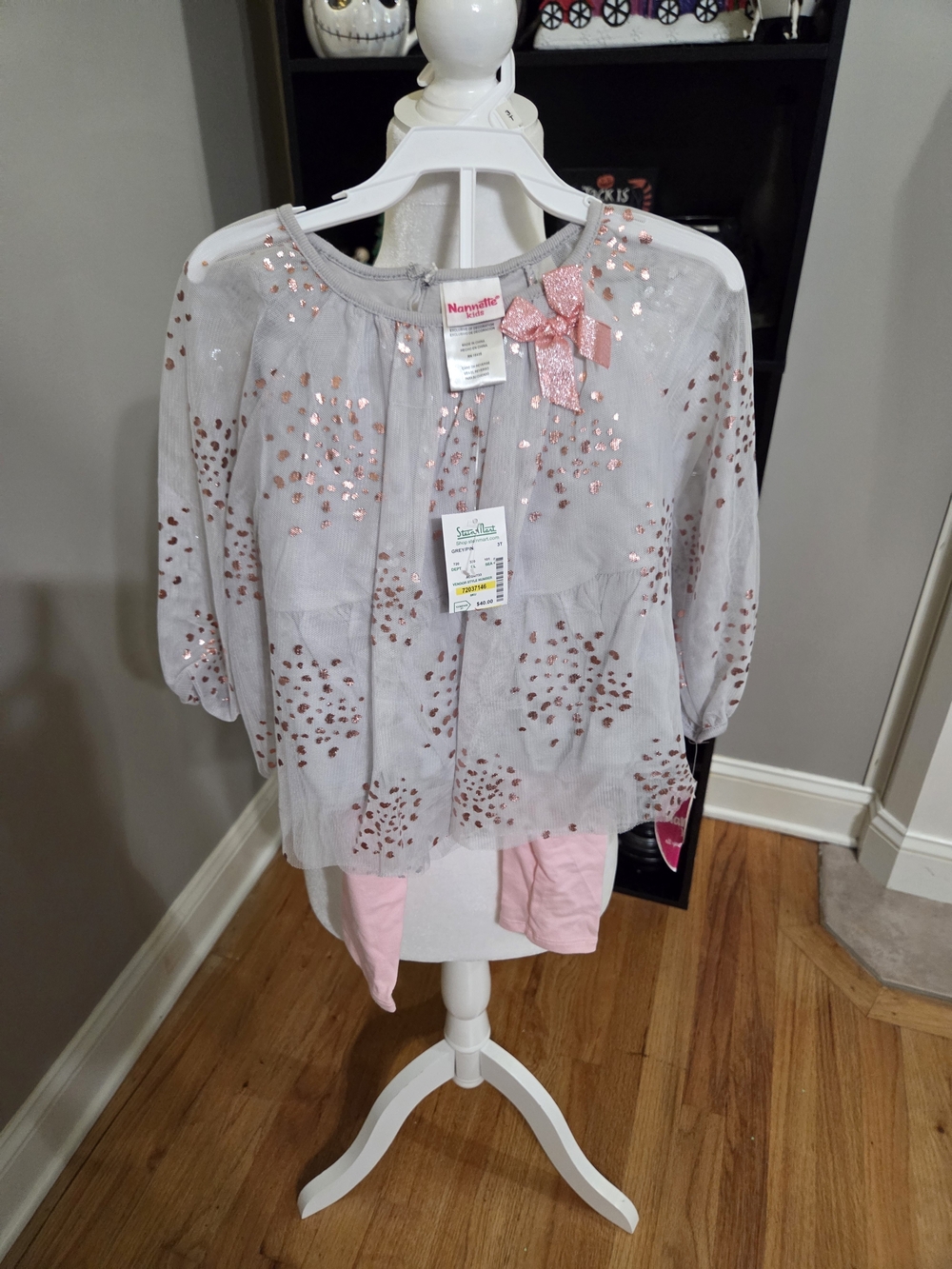 Nannette Girls Gray Blouse with Pink Glitter Accents